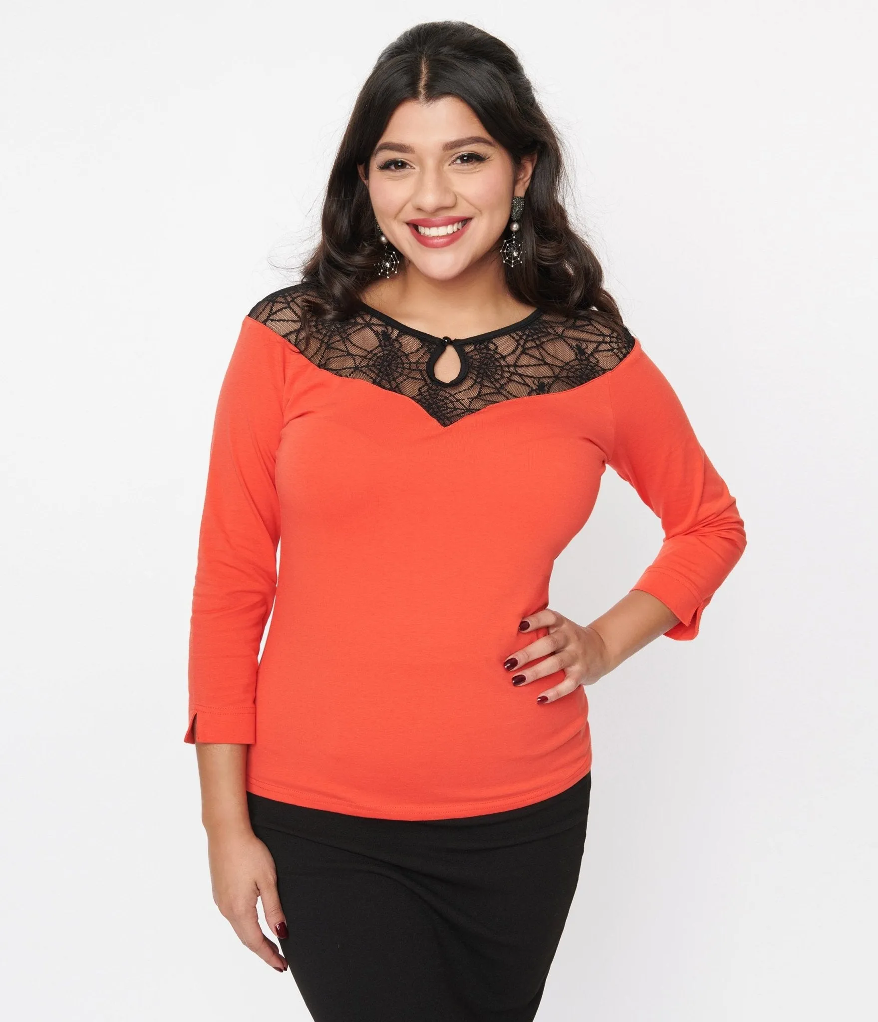 Orange Spiderweb Lace Collar Knit Top