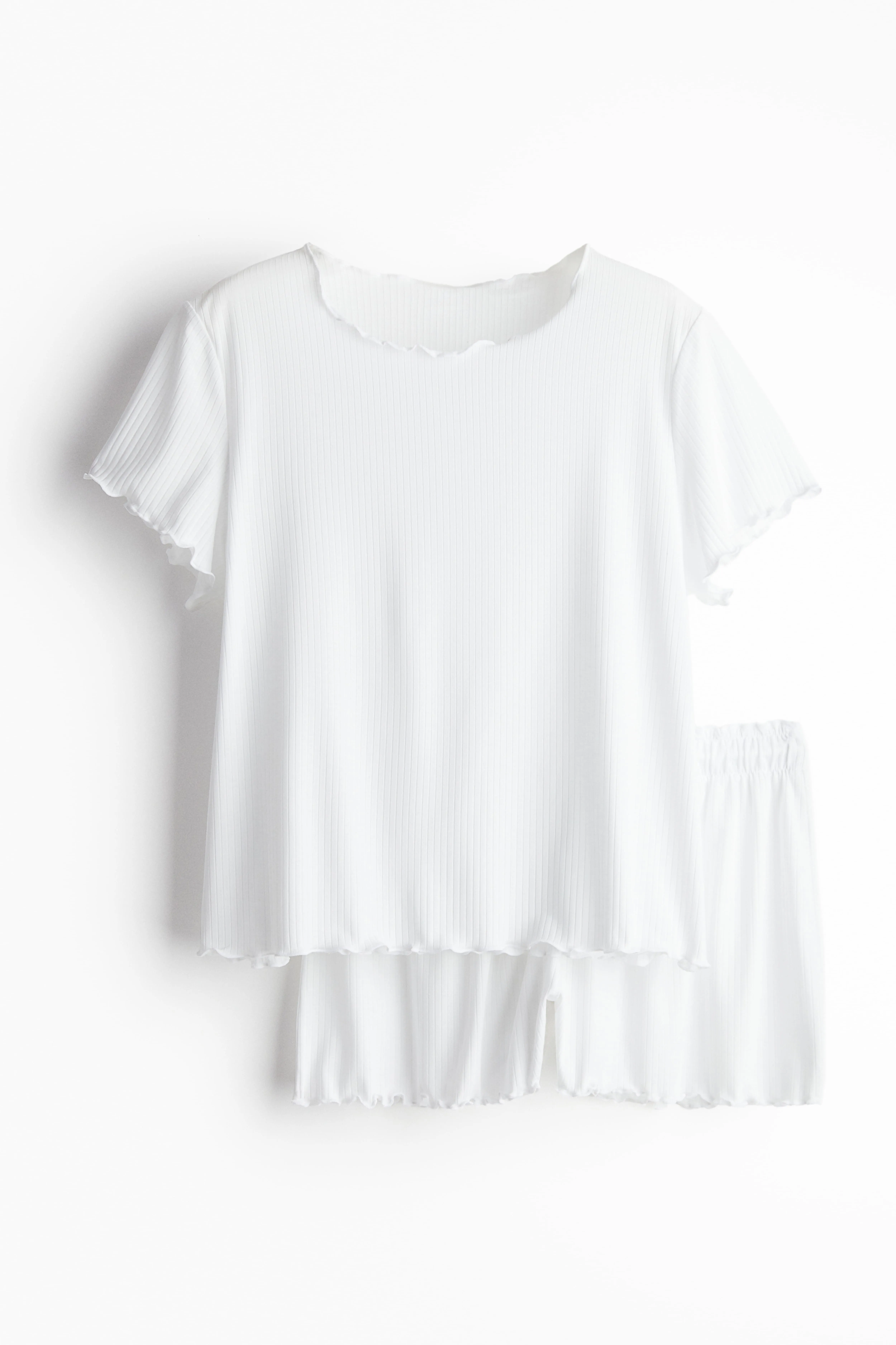 Overlock-detail ribbed pyjamas - Round neck - Short sleeve - White - Ladies | H&M GB