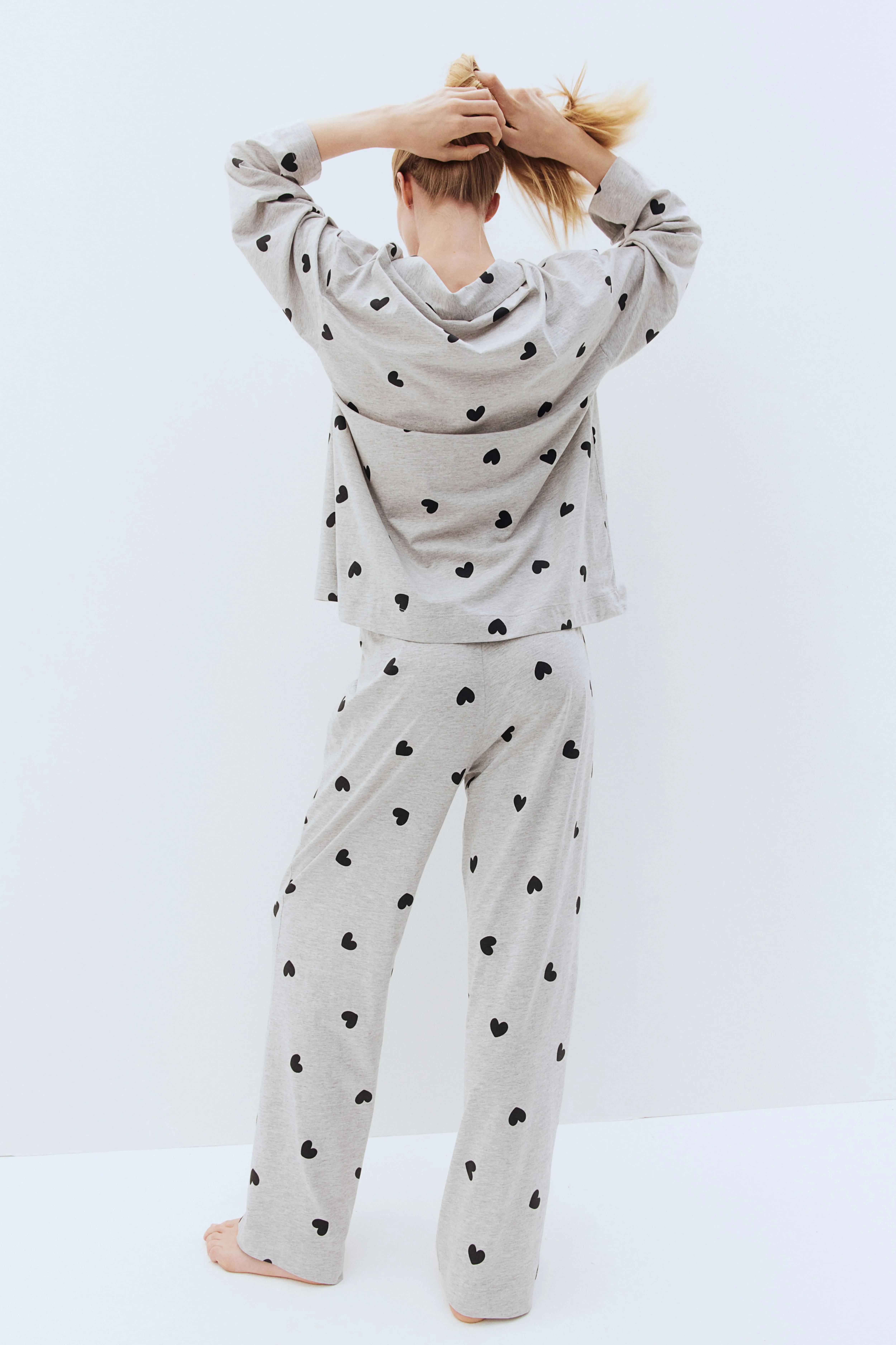 Patterned jersey pyjamas - Long sleeve - Long - Light grey marl/Hearts - Ladies | H&M GB