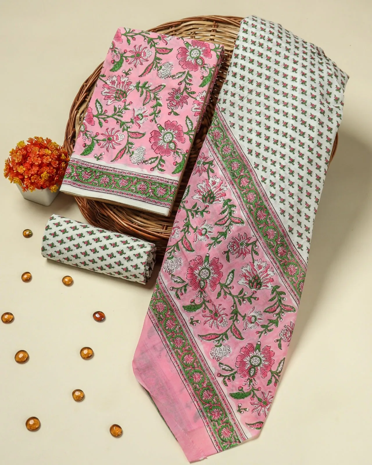 Pink Floral Hand Block Print Cotton Suit Set with Mulmul Dupatta (PRMUL123)