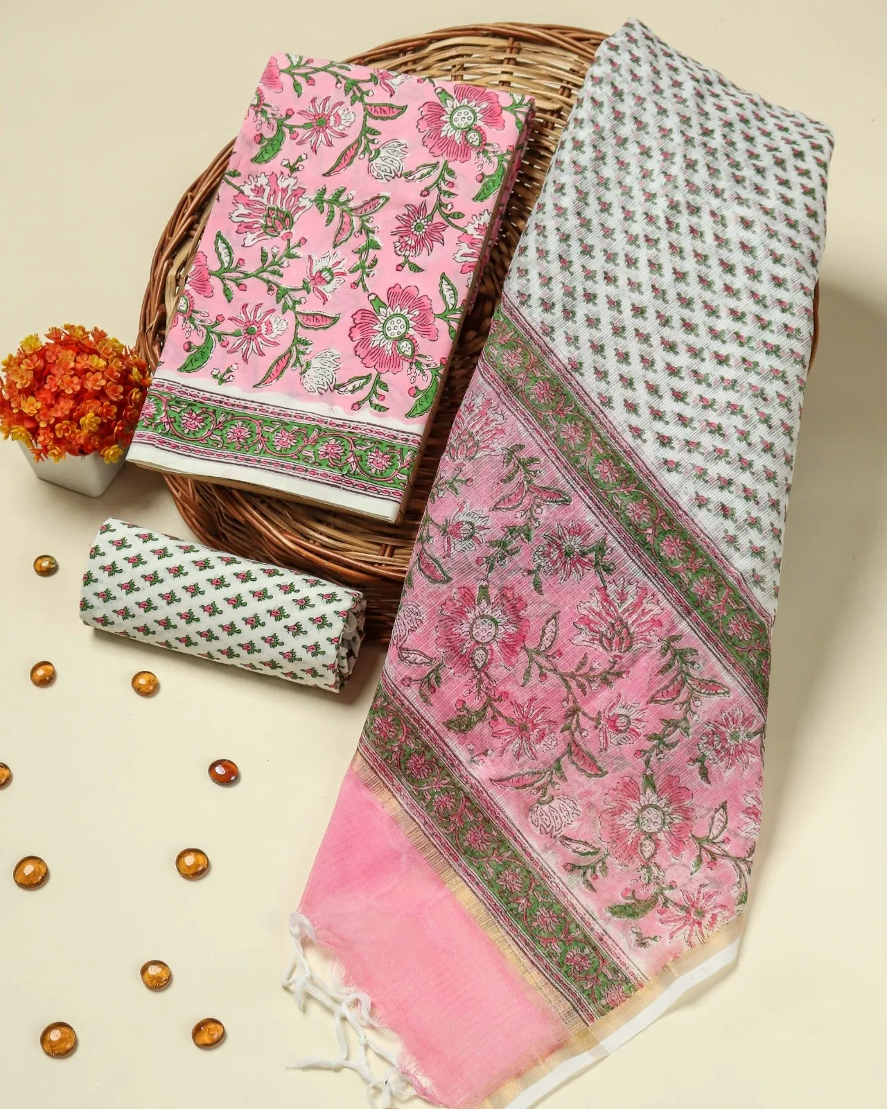 Pink Floral Jaal Print Cotton Suit Set with Kota Doria Dupatta (3CKD73)