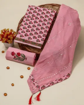 Pink Hand Block Print Cotton Suit Set with Embroidered Mulmul Dupatta (PRMUL105)