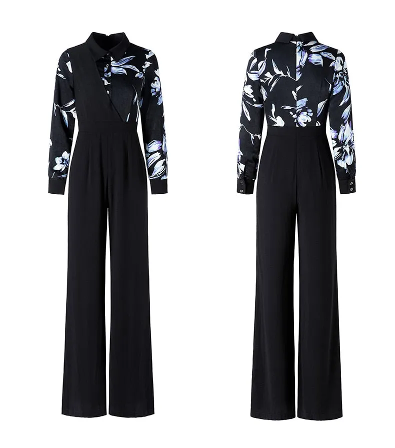 Plus Size Women's Patchwork High Waist Wide Leg Office Lady Jumpsuits