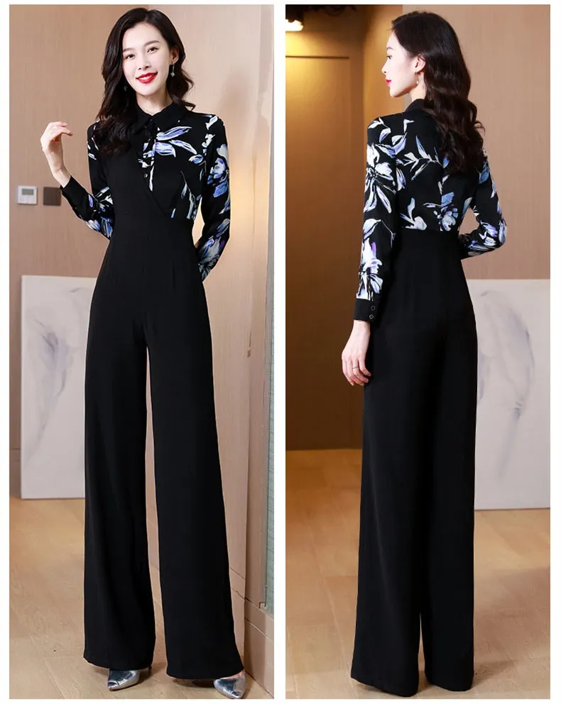 Plus Size Women's Patchwork High Waist Wide Leg Office Lady Jumpsuits