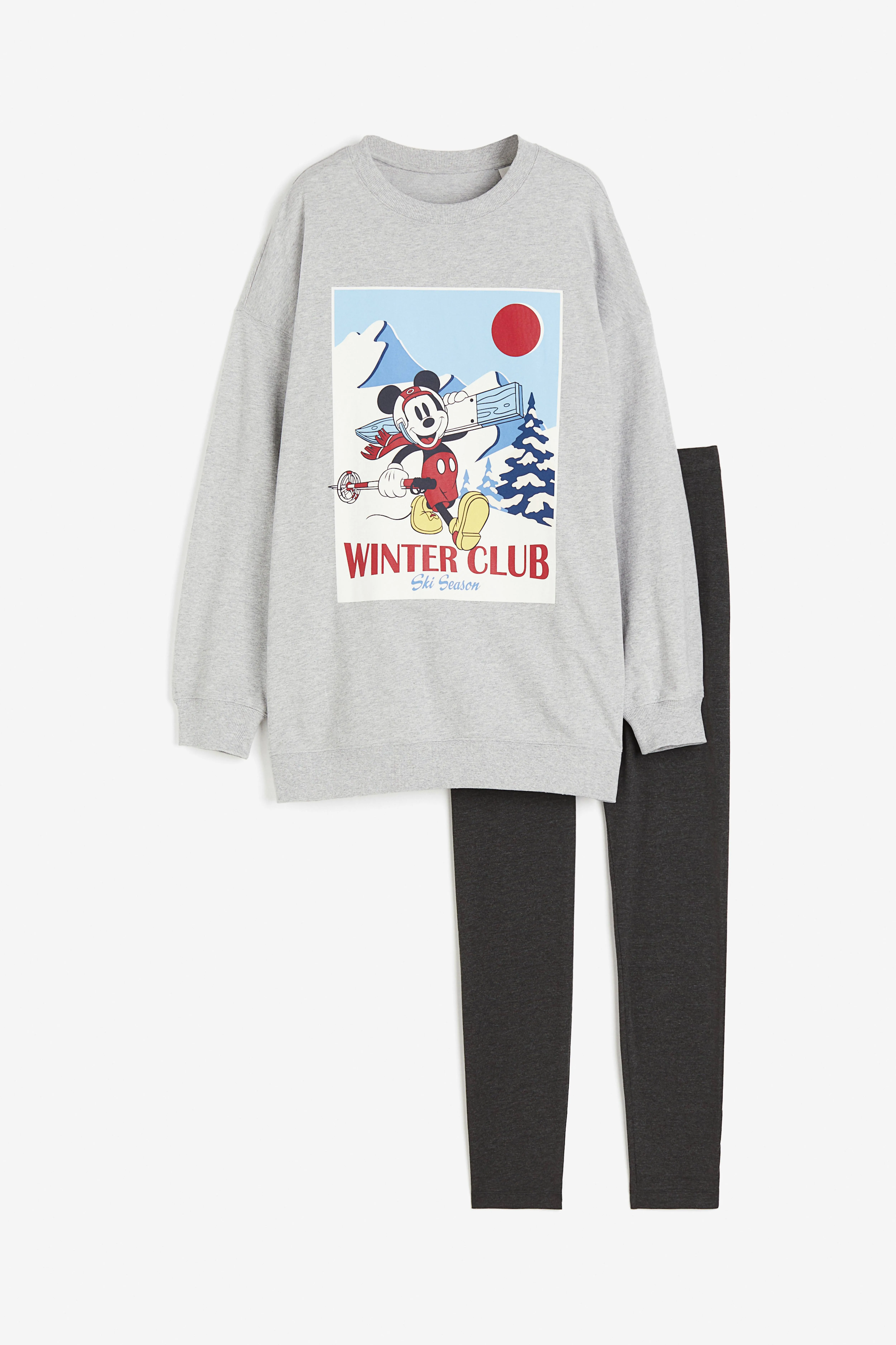 Printed pyjamas - Round neck - Long sleeve - Light grey marl/Mickey Mouse - Ladies | H&M GB