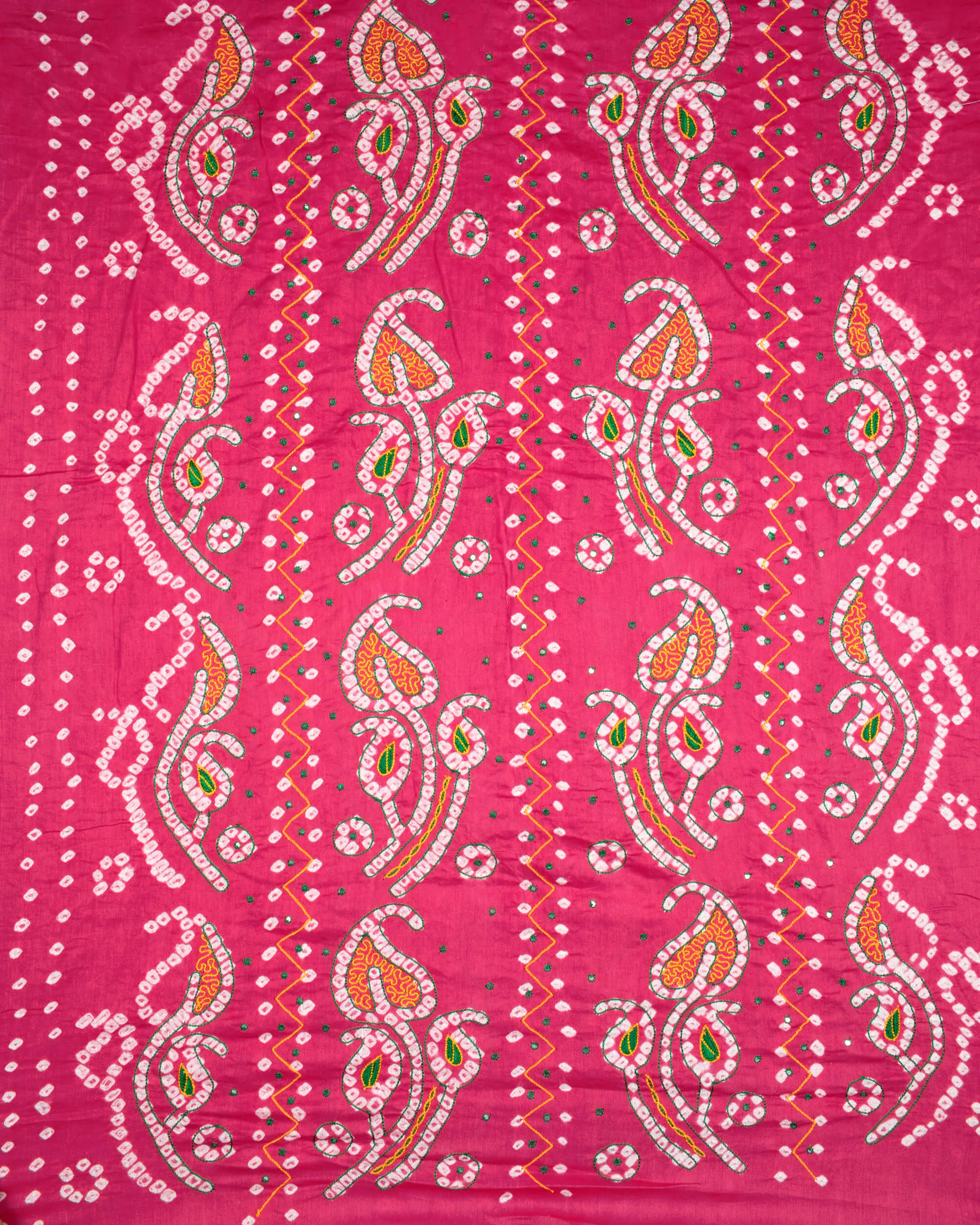 Punch Pink And Grass Green Kutchi Bandhani Foil Mirror Work Unstitched Cotton Suit With Zari Border Dupatta