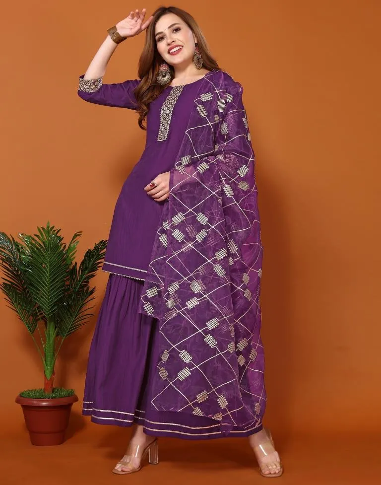 Purple Chinnon Embroidery Sharara Suit Kurti With Pant And Dupatta