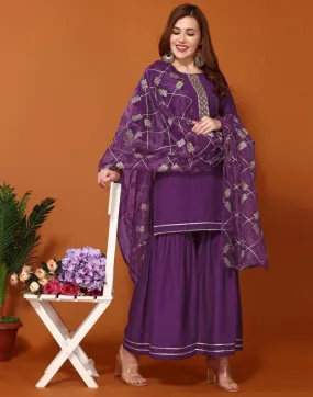 Purple Chinnon Embroidery Sharara Suit Kurti With Pant And Dupatta