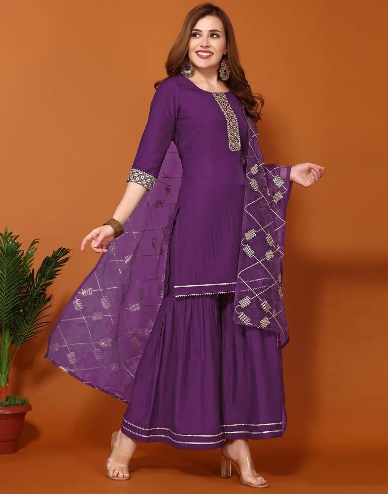 Purple Chinnon Embroidery Sharara Suit Kurti With Pant And Dupatta