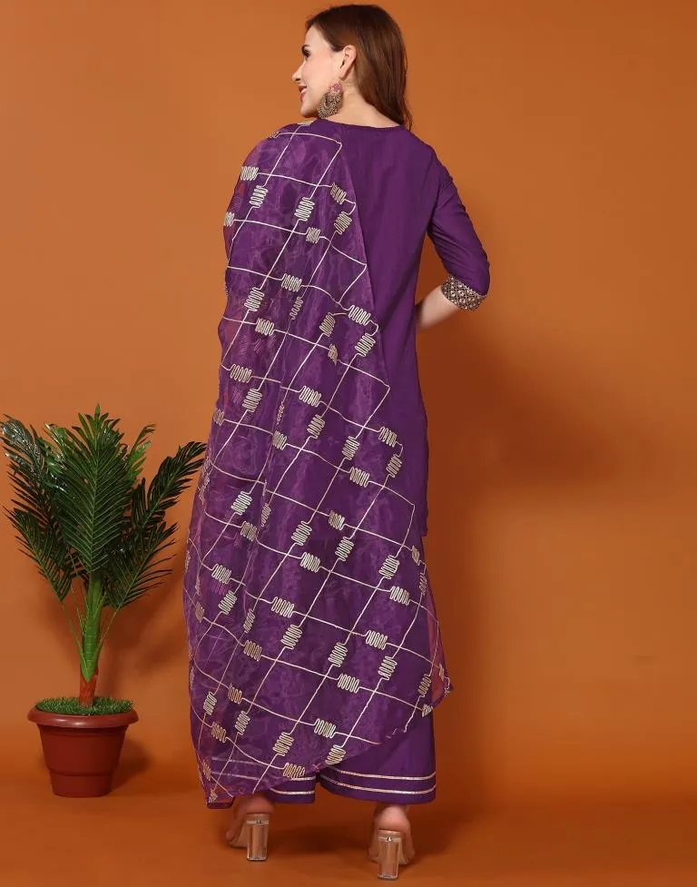 Purple Chinnon Embroidery Sharara Suit Kurti With Pant And Dupatta