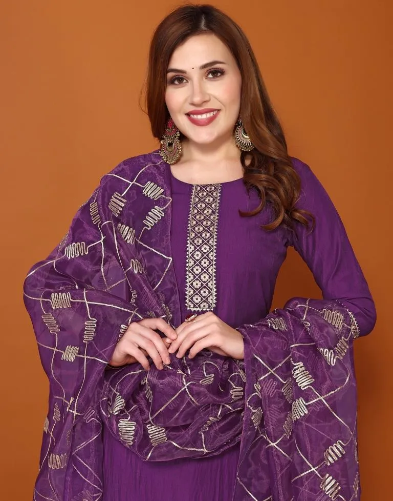 Purple Chinnon Embroidery Sharara Suit Kurti With Pant And Dupatta