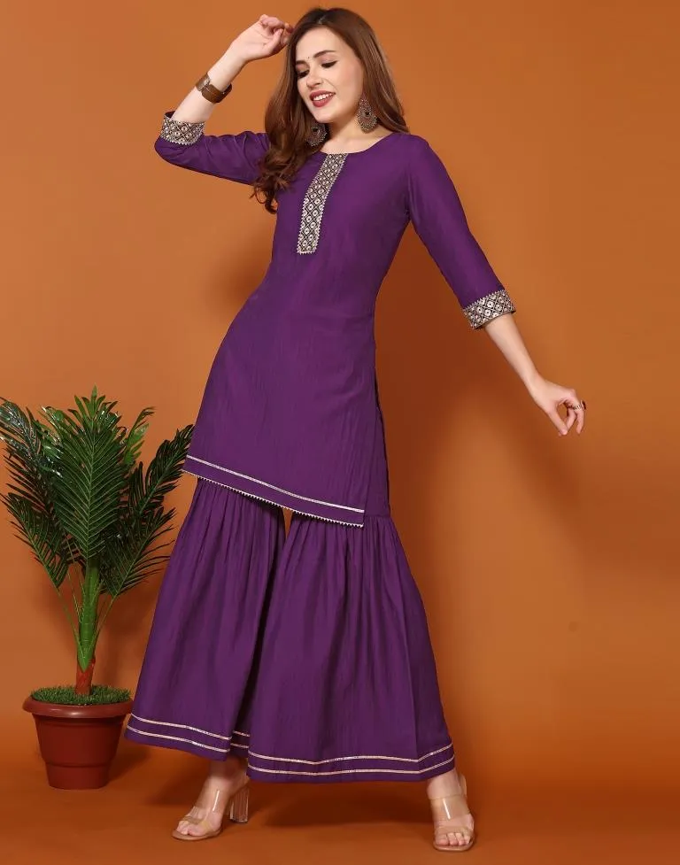 Purple Chinnon Embroidery Sharara Suit Kurti With Pant And Dupatta