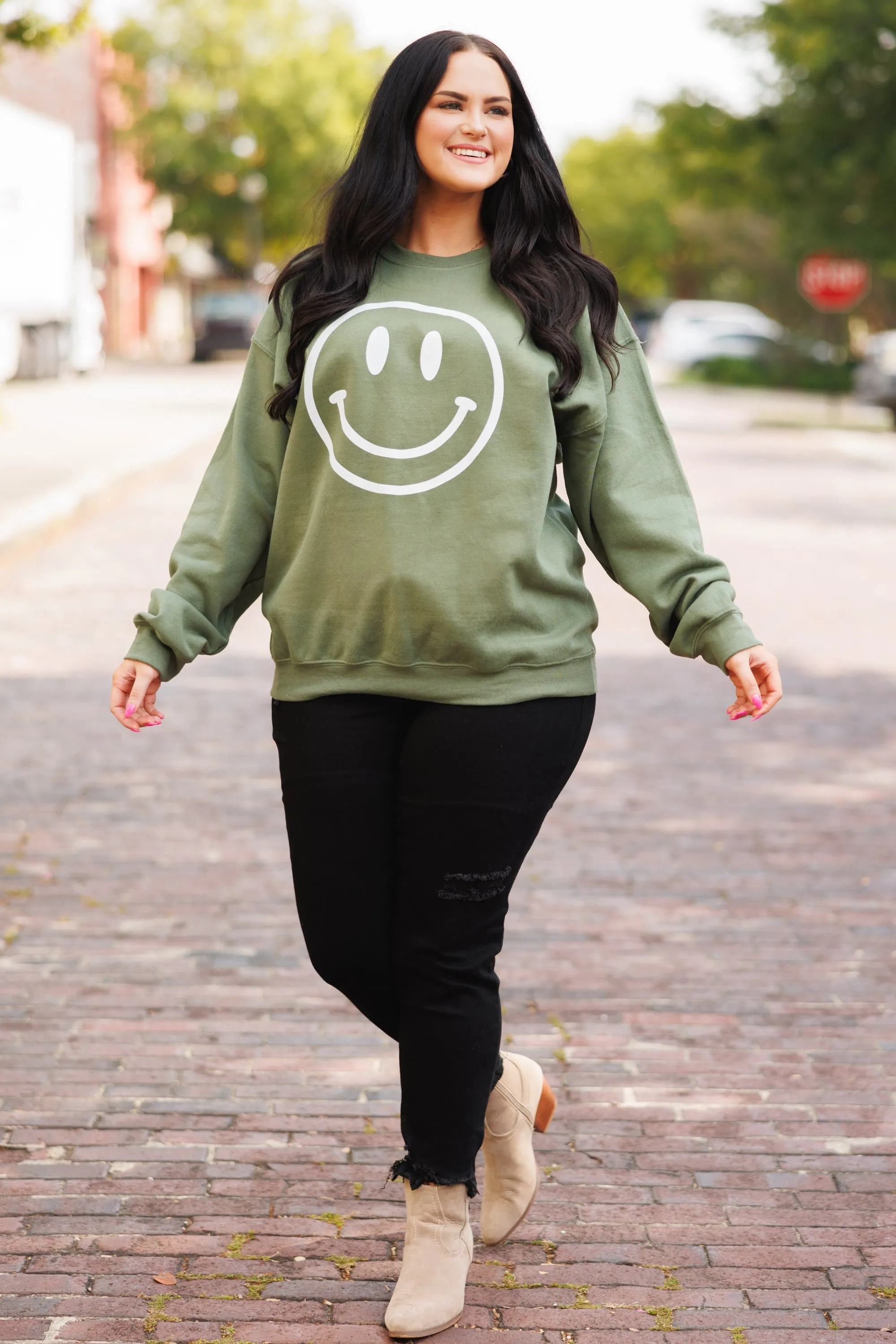 Remember To Smile Sweatshirt, Military Green