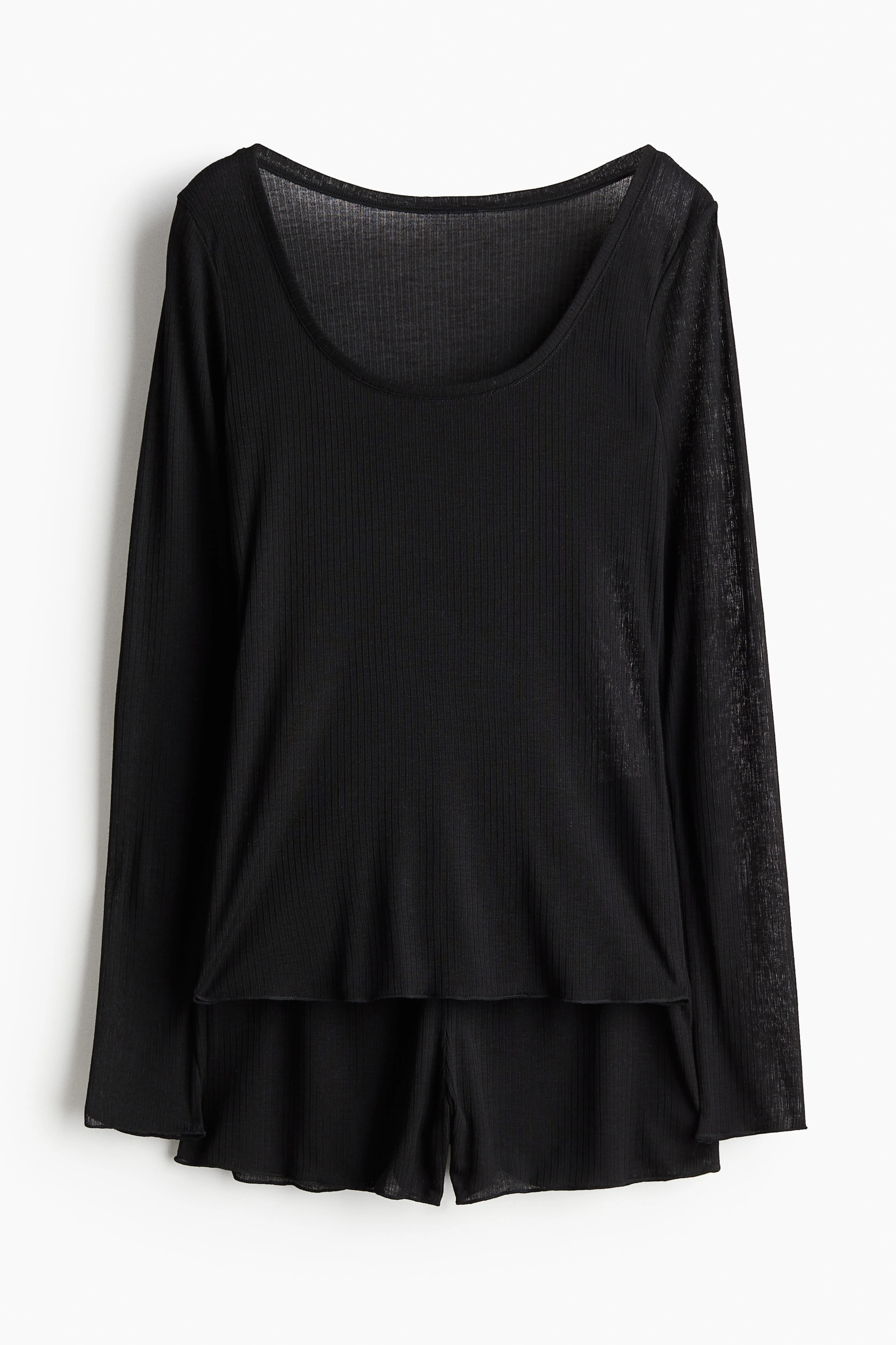 Ribbed pyjamas - Deep neckline - Long sleeve - Black - Ladies | H&M GB