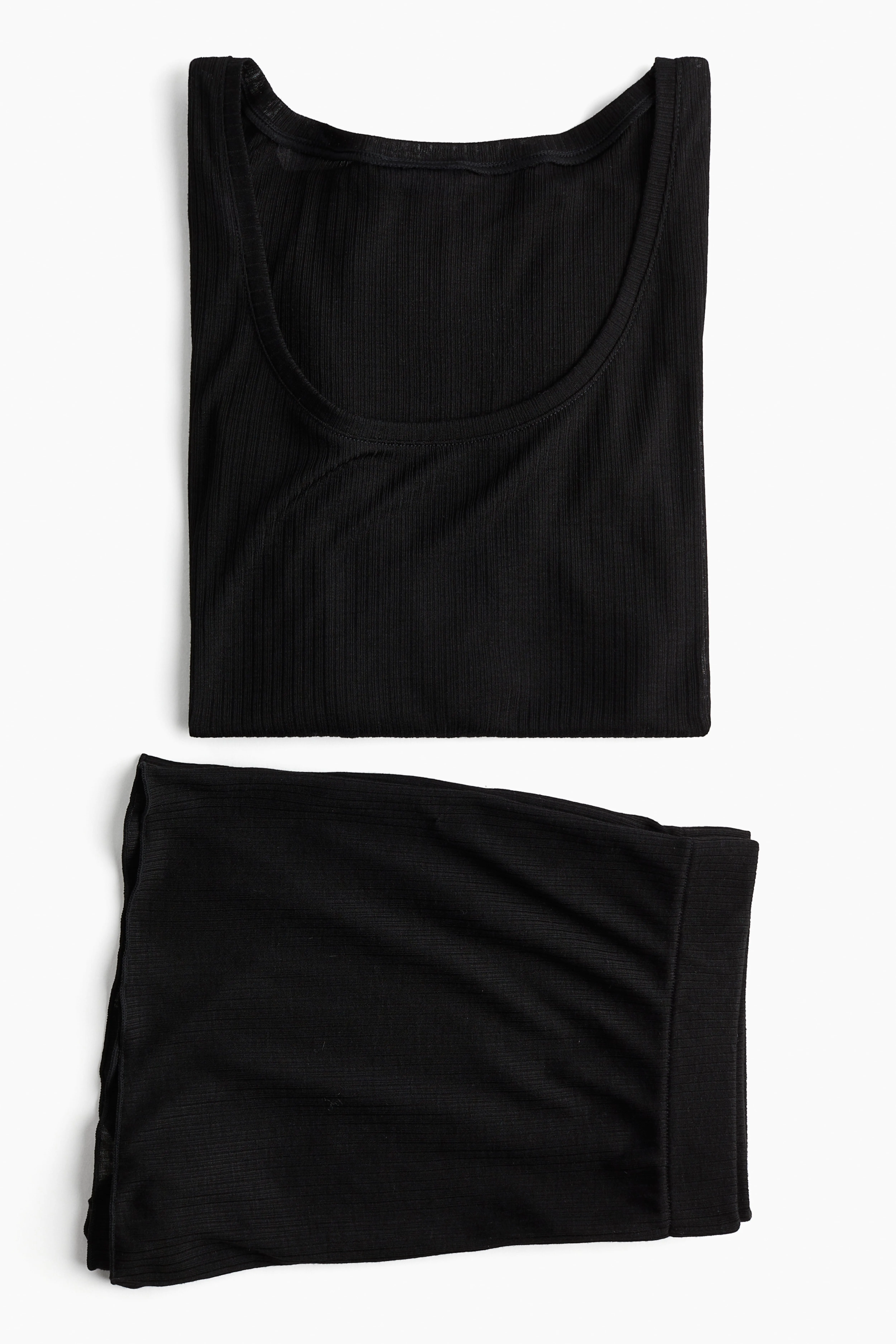 Ribbed pyjamas - Deep neckline - Long sleeve - Black - Ladies | H&M GB