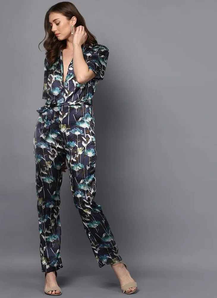 Satin Printed Jumpsuit with Front Lapel Collar