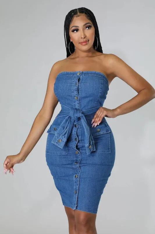 Self Tie Waist Denim Bodycon Dress