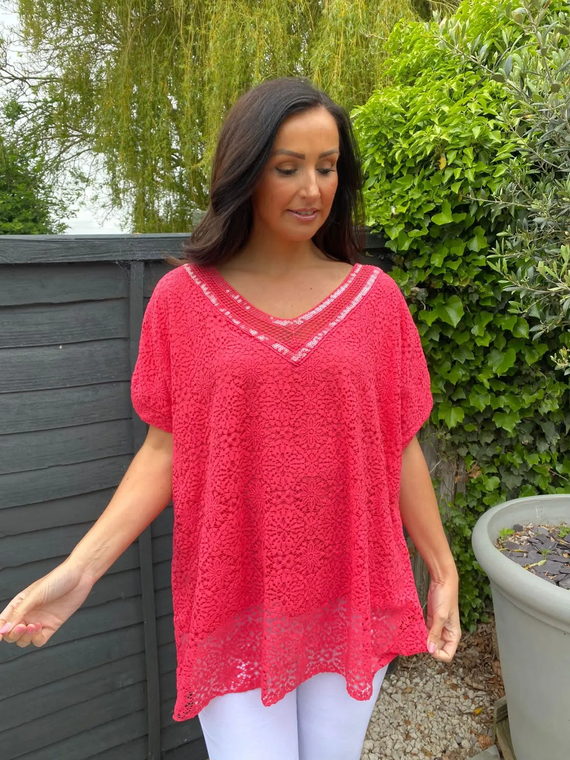 Sequin V Neck Lace Top Charlie