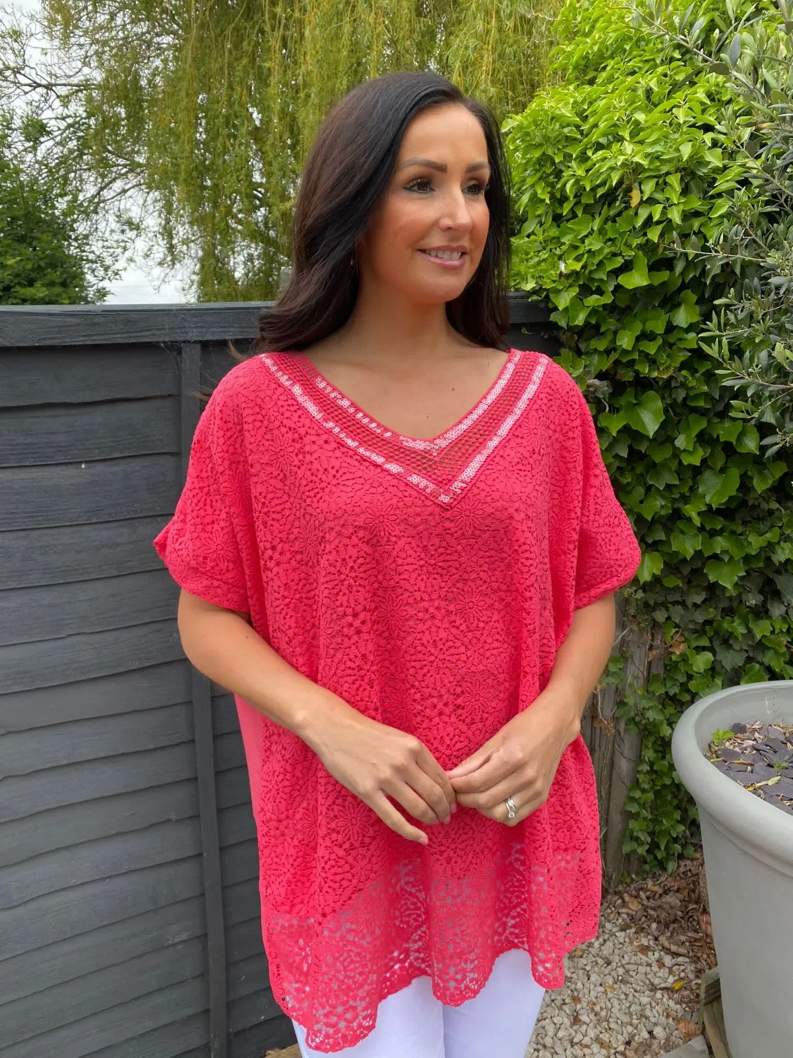 Sequin V Neck Lace Top Charlie