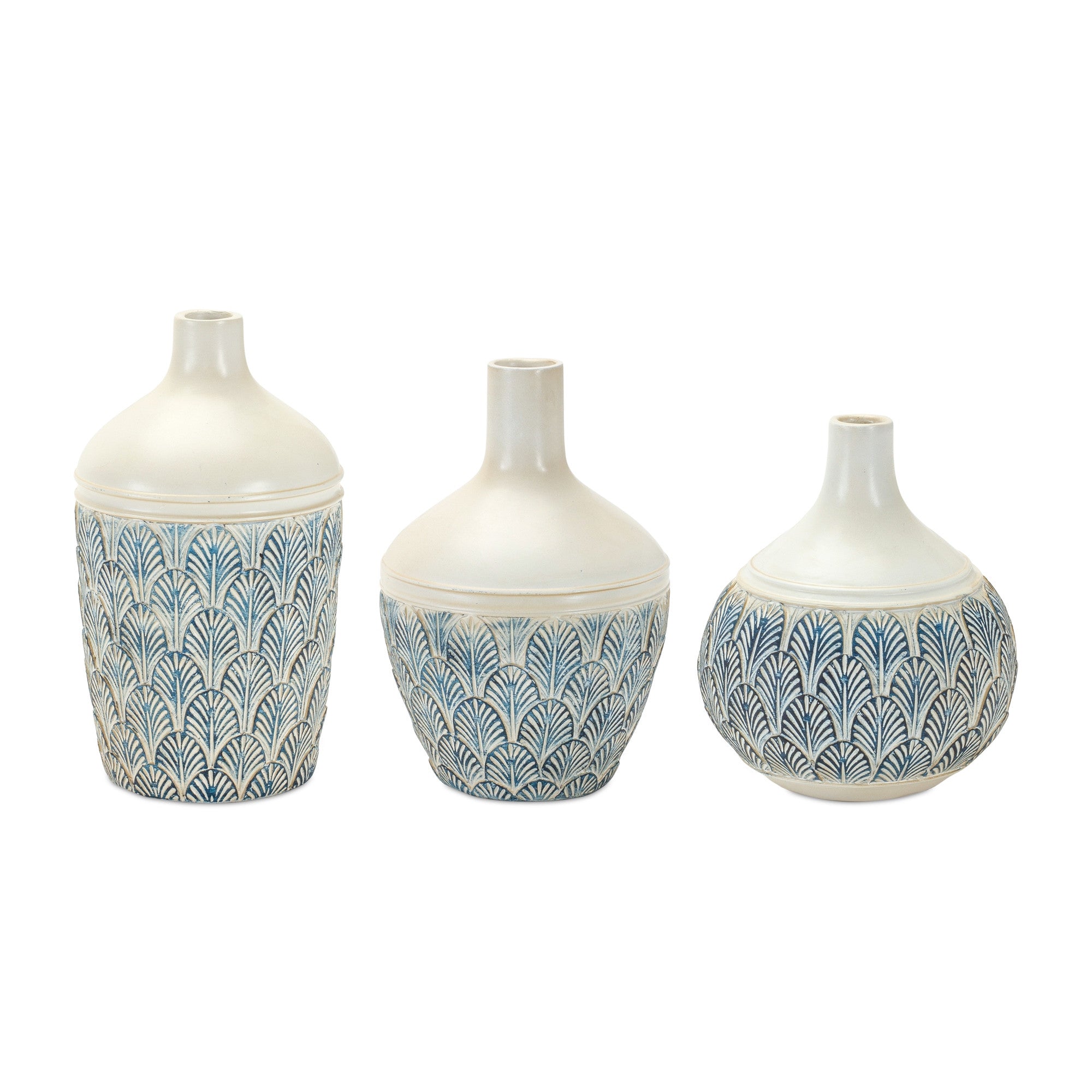 Set Of Three 6 Polyresin Blue and White Round Table vase