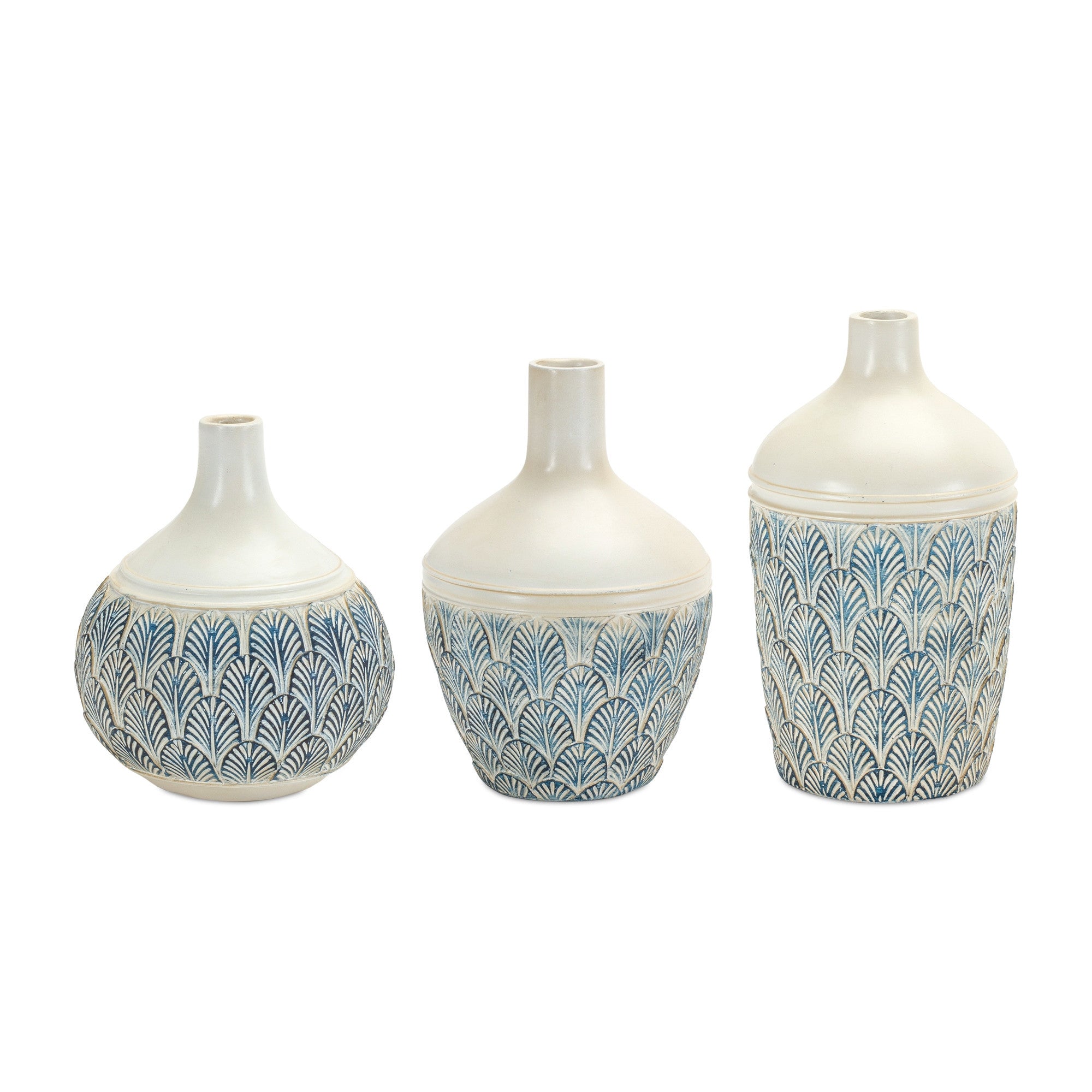 Set Of Three 6 Polyresin Blue and White Round Table vase