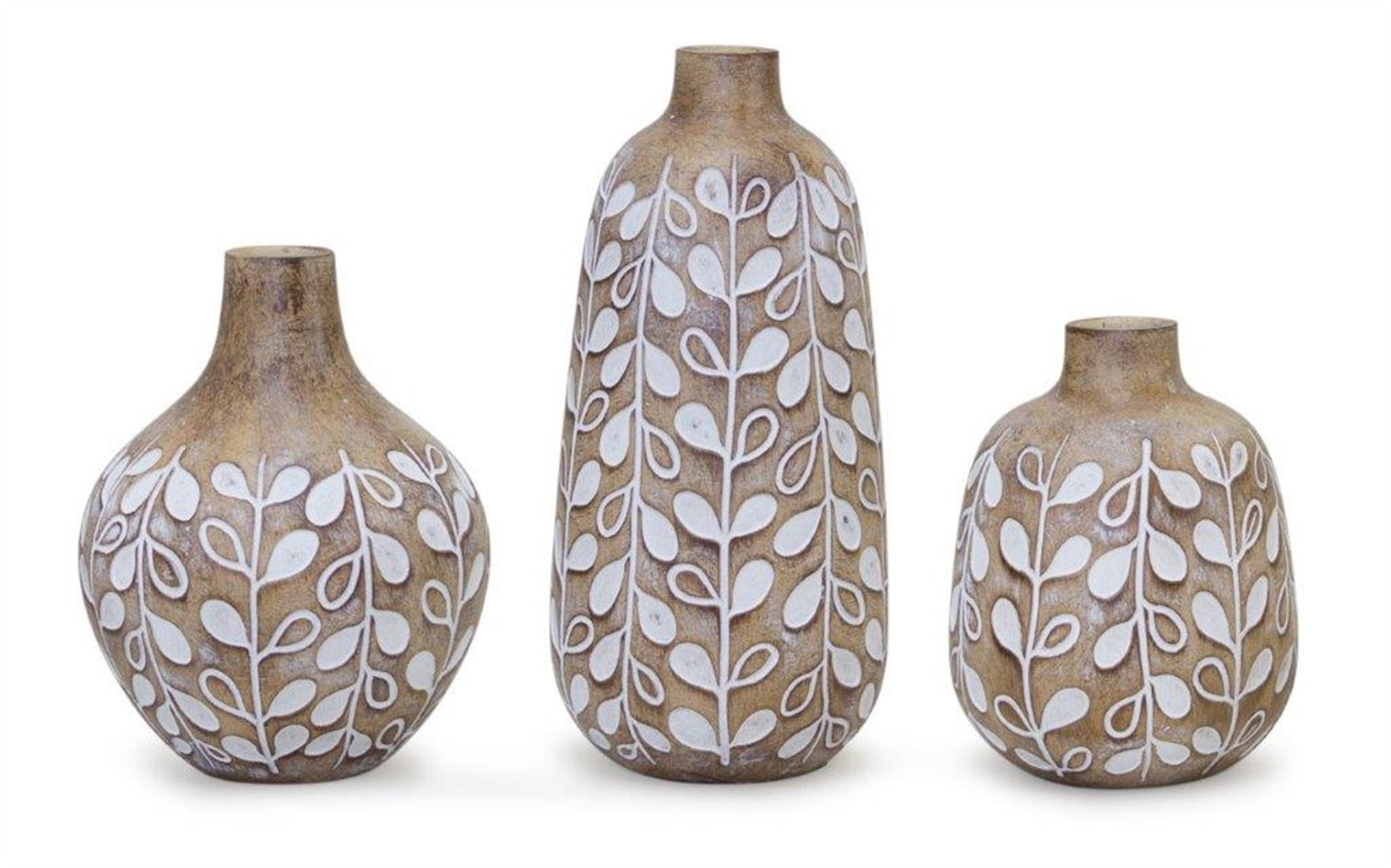 Set of three 9 Polyresin Brown and White Leaf Round Table Vase