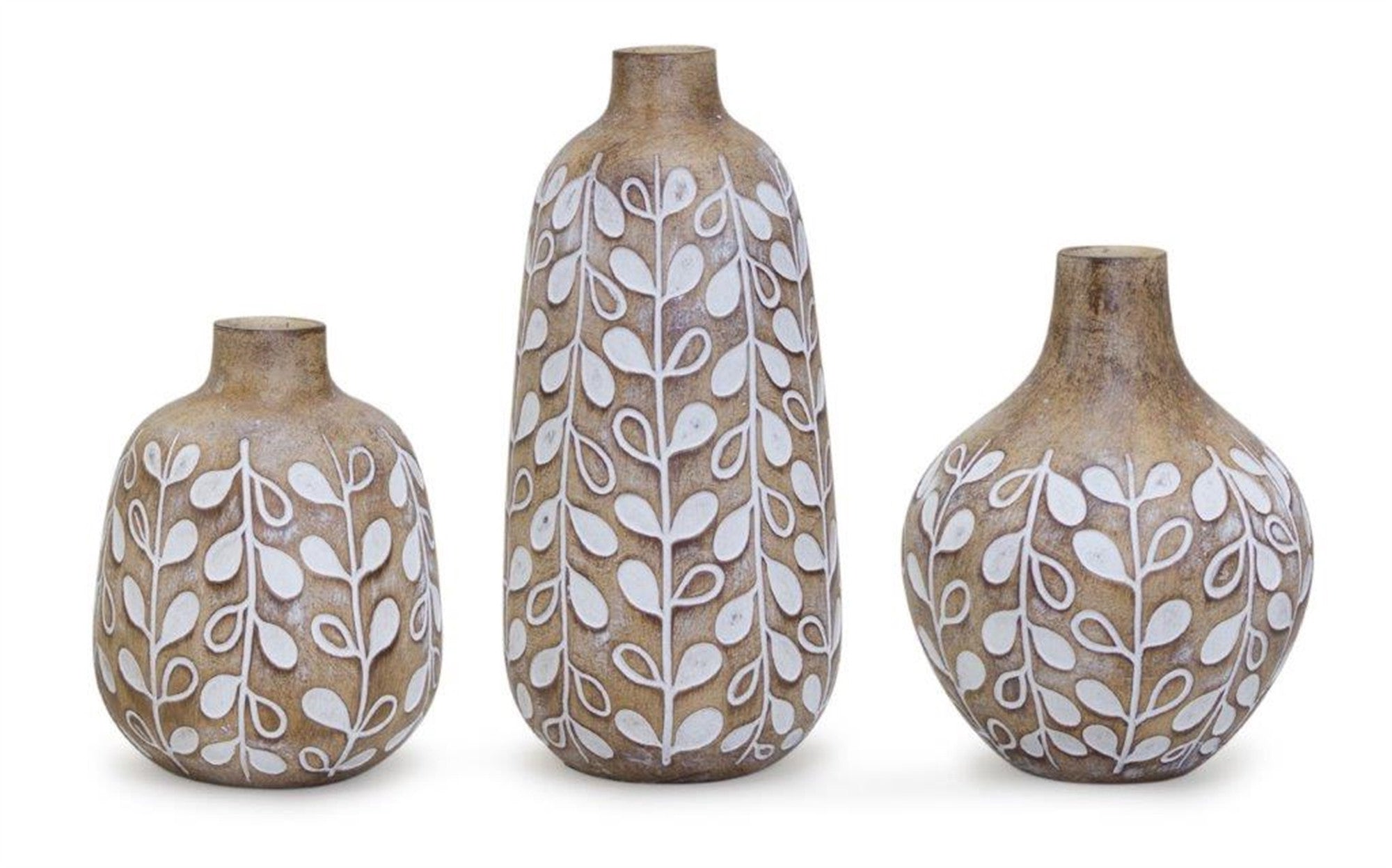 Set of three 9 Polyresin Brown and White Leaf Round Table Vase