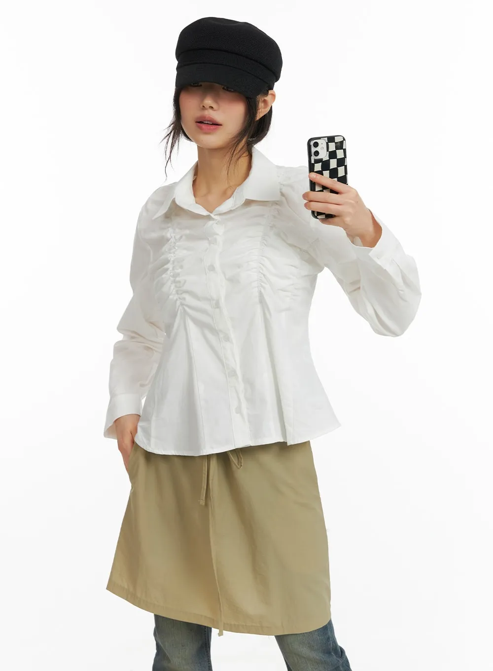 Solid Collar Button Up Shirred Blouse CM413