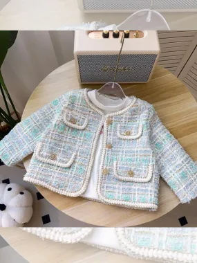 Stylish Tweed Girls' Jacket with Mint Accents and Gold Buttons