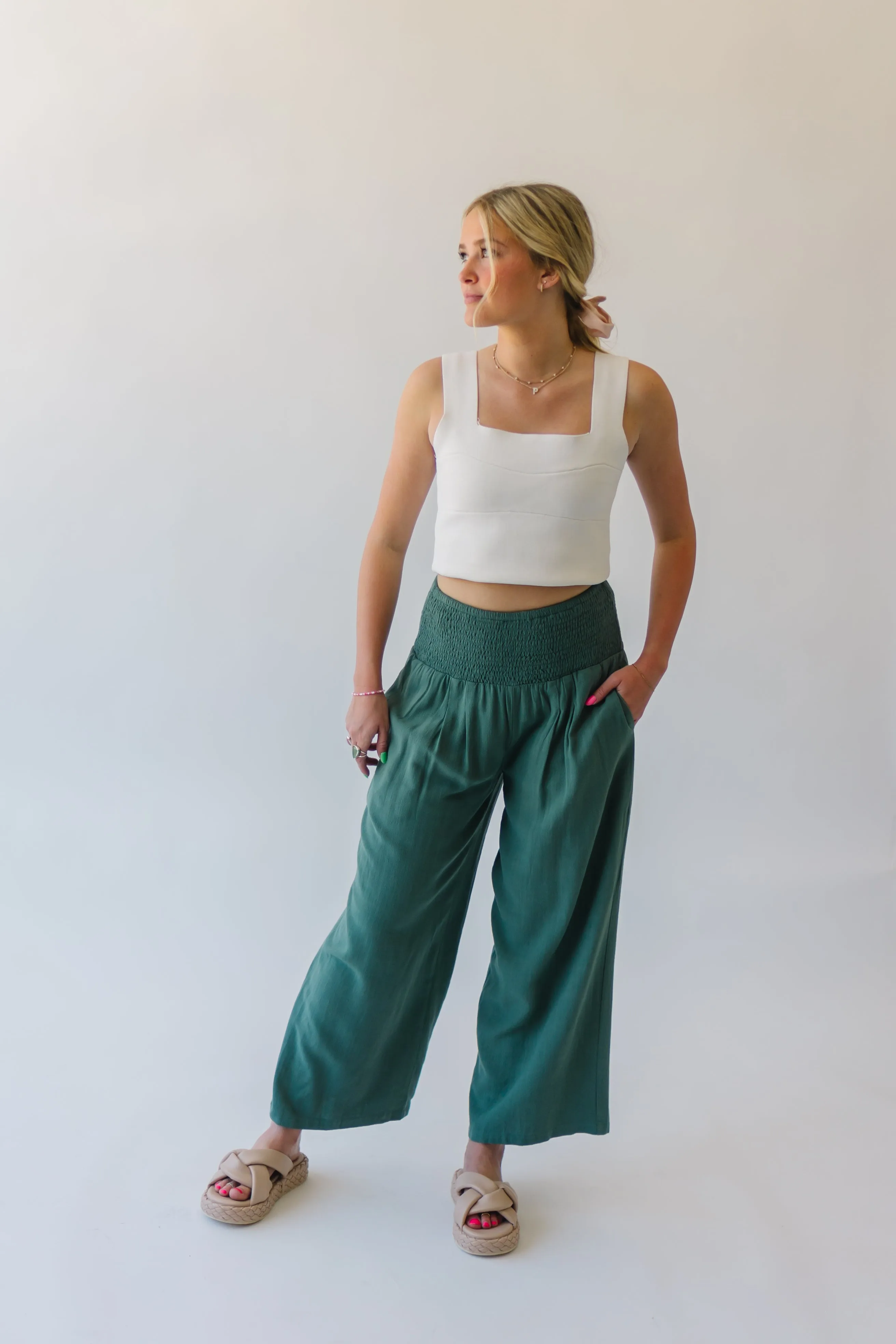 The Leawood Smocked Detail Pant in Sage Linen