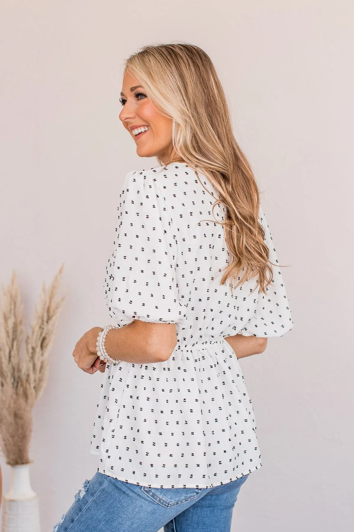 Think Happy Thoughts Swiss Dot Top- White