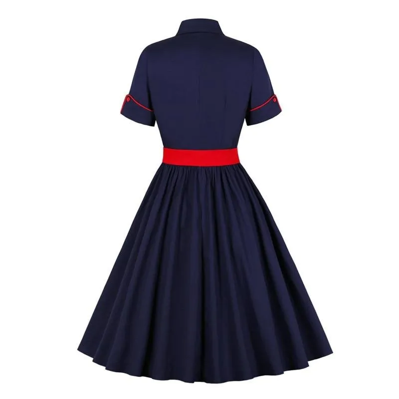 Turn-Down Collar Button Up Rockabilly Vintage 50s Cotton Shirt Short Sleeve Red Belt Elegant Pleated Dress