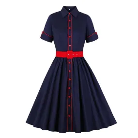 Turn-Down Collar Button Up Rockabilly Vintage 50s Cotton Shirt Short Sleeve Red Belt Elegant Pleated Dress