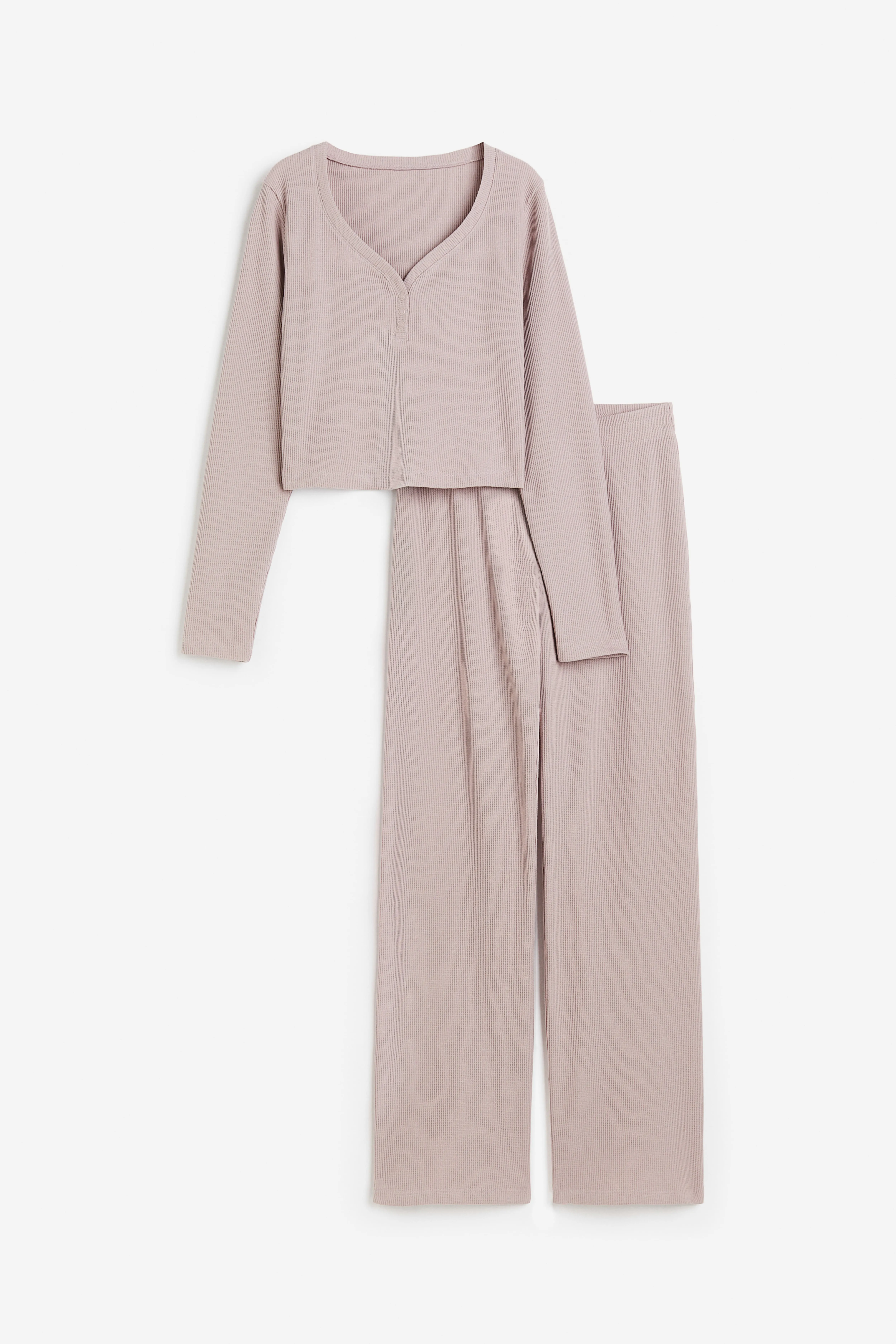 Waffled pyjamas - V-neck - Long sleeve - Dusty pink - Ladies | H&M GB