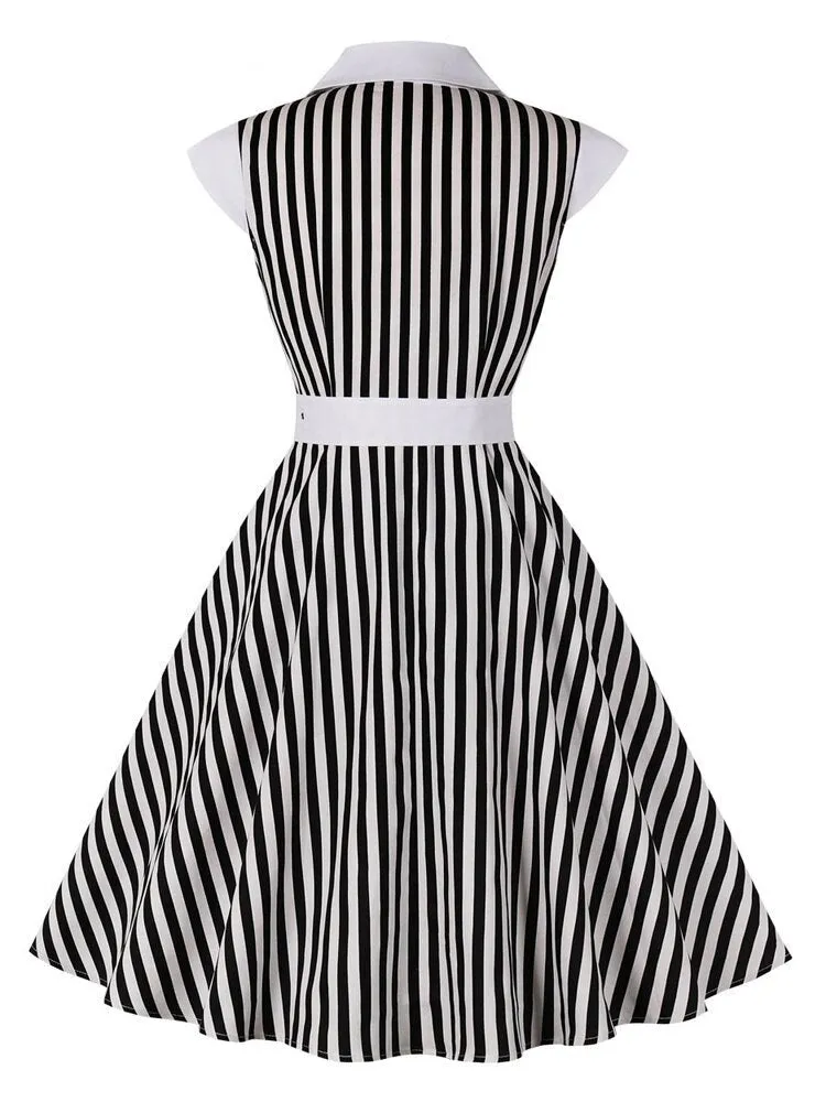 White and Black Striped Vintage 50s Women Turn-Down Collar Button Up Belted Pockets A Line Dress