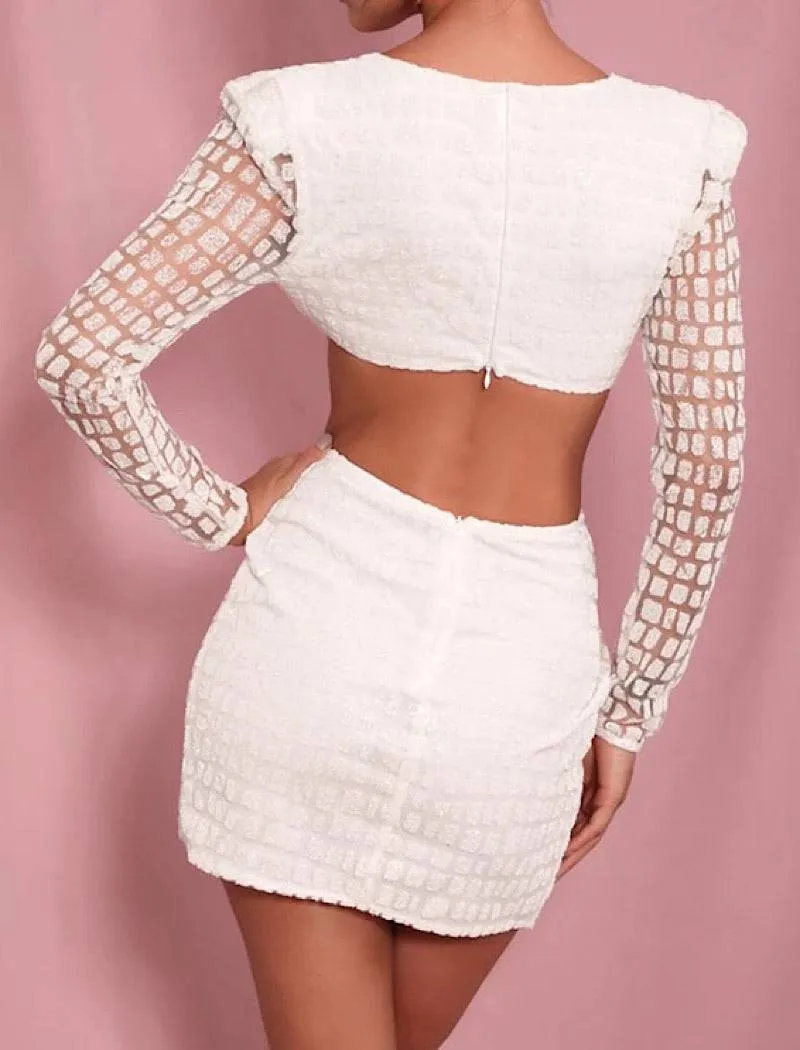 White Glitter Deep V Neck Open Back Playsuit