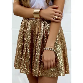 Women Bottoms Gold A-line Sequin Skirt Bling Short Party Pleated Skirt Summer Ladies High Waist Night Out Club Mini Skirt