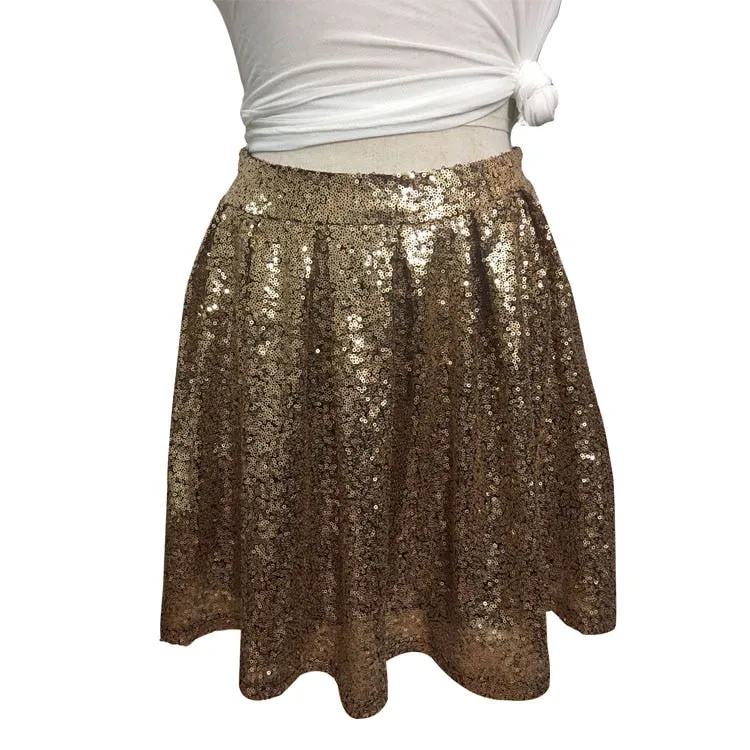 Women Bottoms Gold A-line Sequin Skirt Bling Short Party Pleated Skirt Summer Ladies High Waist Night Out Club Mini Skirt