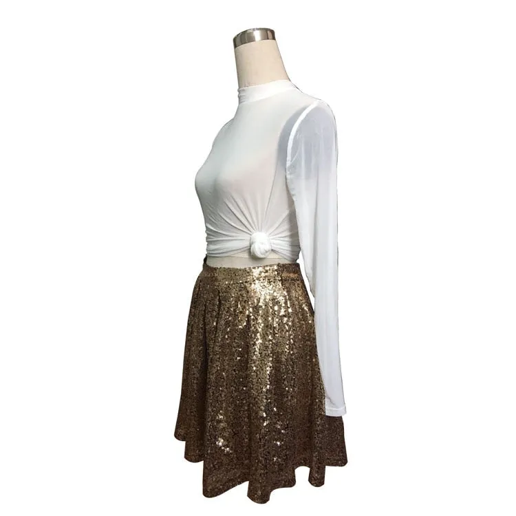 Women Bottoms Gold A-line Sequin Skirt Bling Short Party Pleated Skirt Summer Ladies High Waist Night Out Club Mini Skirt