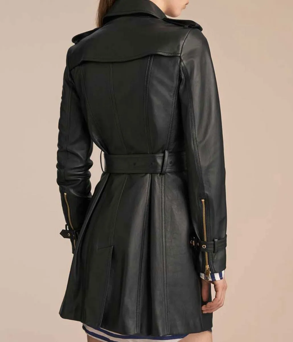 Women’s Mid-Length Double Breasted Black Leather Coat