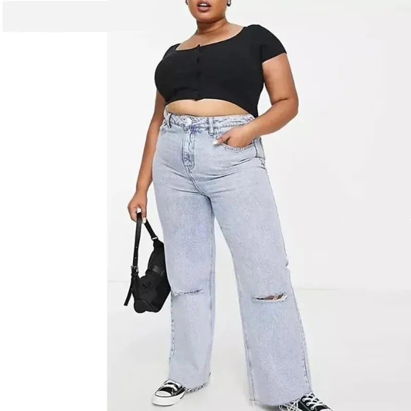 Women's Casual Ripped High Waist Loose Fit Streetwear Wide Leg Jeans