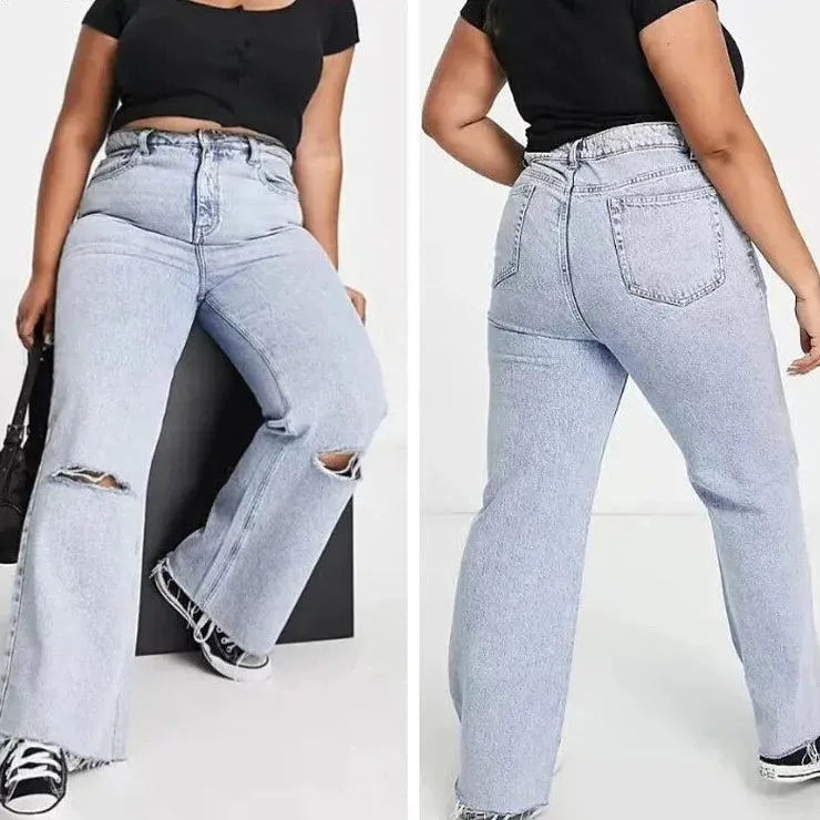 Women's Casual Ripped High Waist Loose Fit Streetwear Wide Leg Jeans