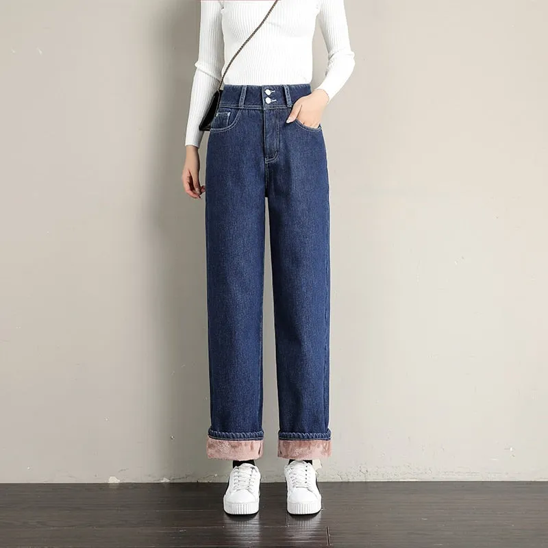 Women's Casual Style Straight Wide Leg High Waist Loose Denim Pants