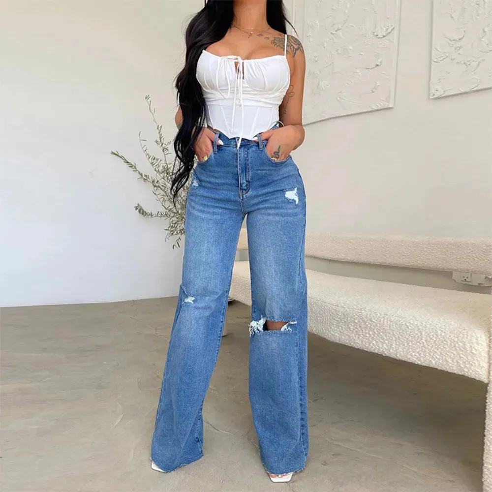 Women's Cotton High Waist Ripped Loose Casual Wide Leg Jean Pants