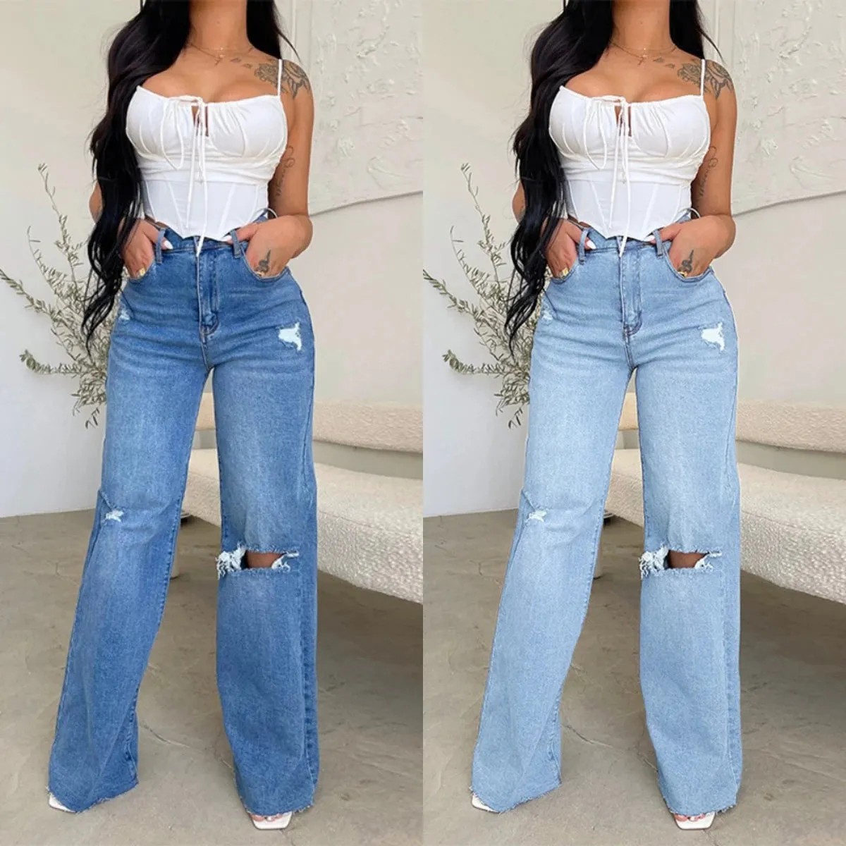 Women's Cotton High Waist Ripped Loose Casual Wide Leg Jean Pants