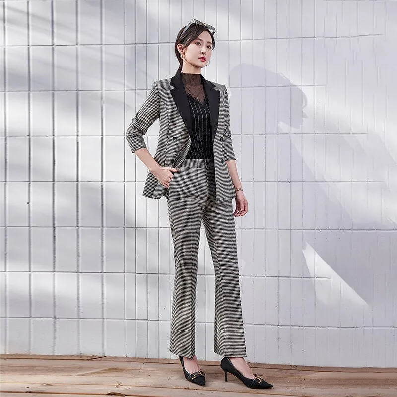 Women's Fashion Formal Plaid Slim Blazer and Flare Pants Two Piece Suits