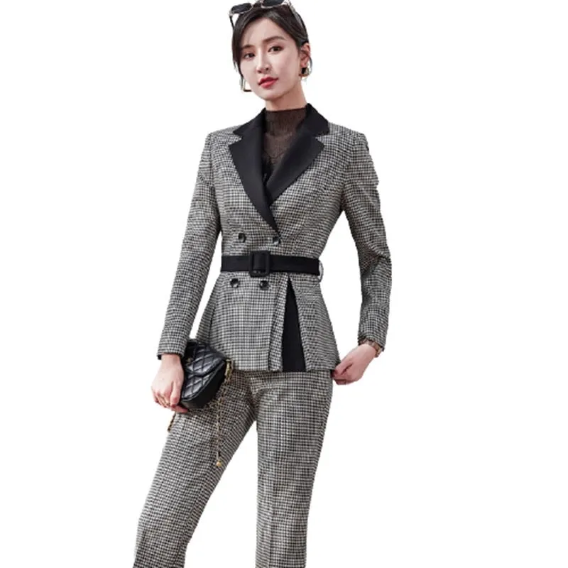 Women's Fashion Formal Plaid Slim Blazer and Flare Pants Two Piece Suits