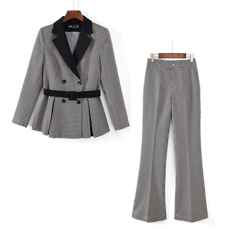 Women's Fashion Formal Plaid Slim Blazer and Flare Pants Two Piece Suits