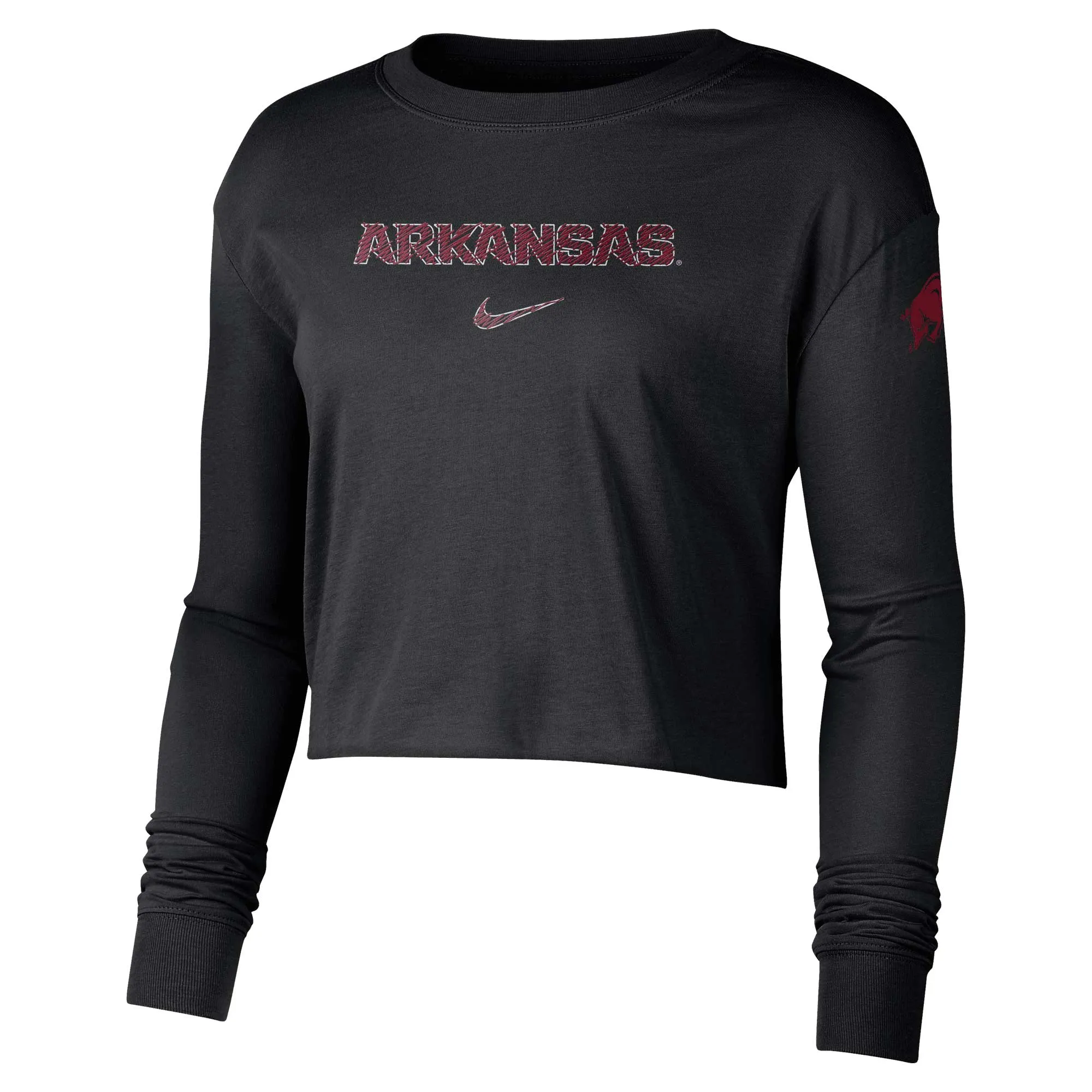 Women's Nike Black Arkansas Razorbacks 2-Hit Cropped Long Sleeve Logo T-Shirt