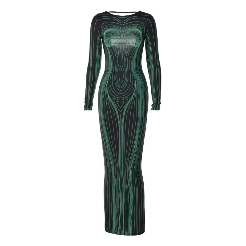 Women's Sexy 3D Body Printed Hollow Backless Long Sleeve Bodycon Maxi Dress